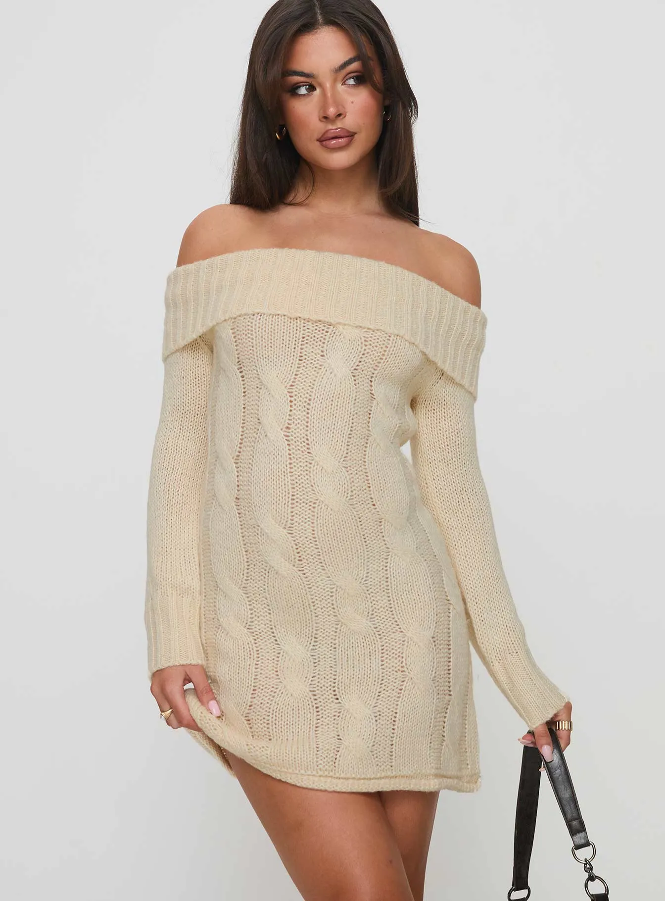 Sleek Presence Snow Angel Off Shoulder Knit Jumper Mini Dress Cream