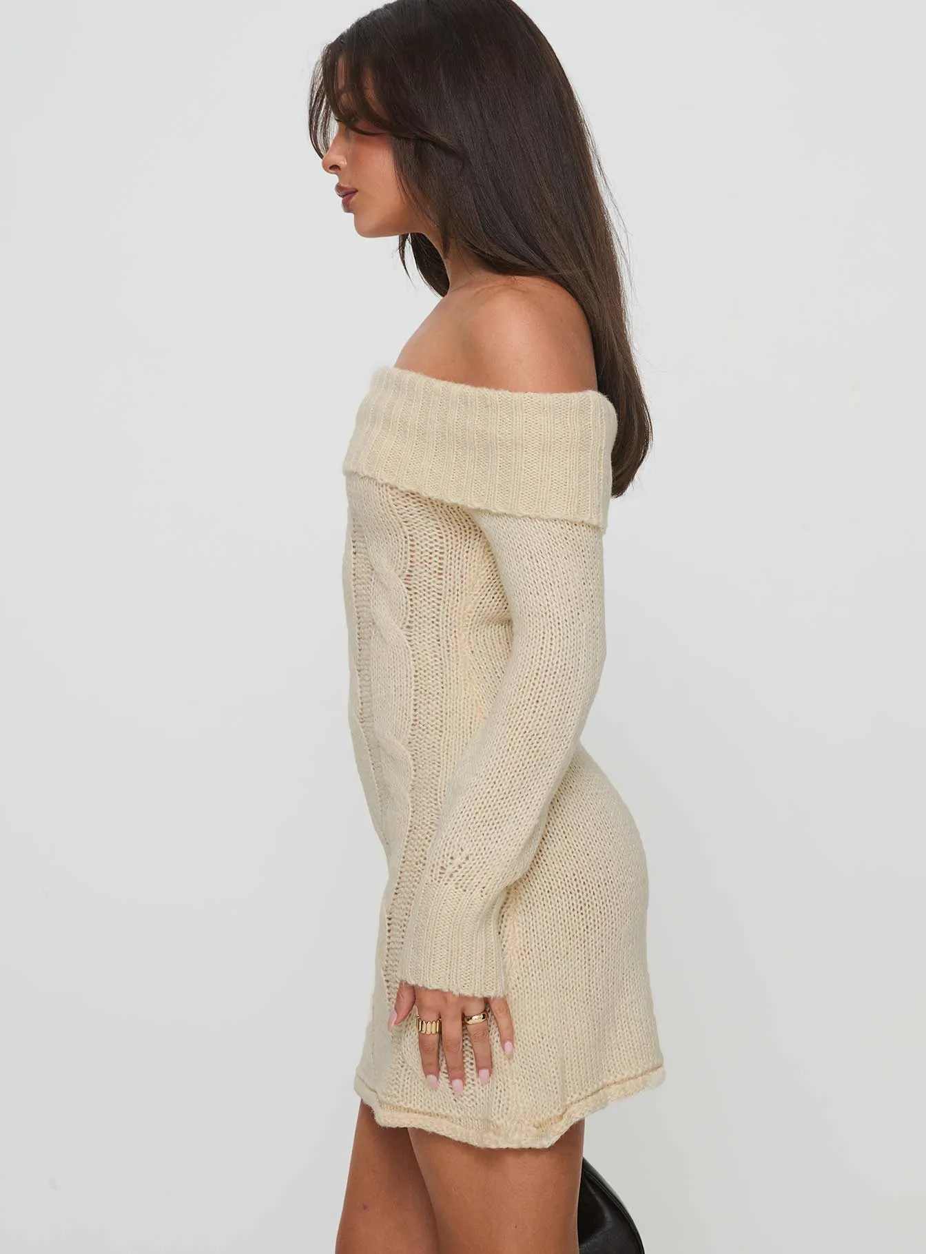 Ready Glow Pink Glow Snow Angel Off Shoulder Knit Jumper Mini Dress Cream