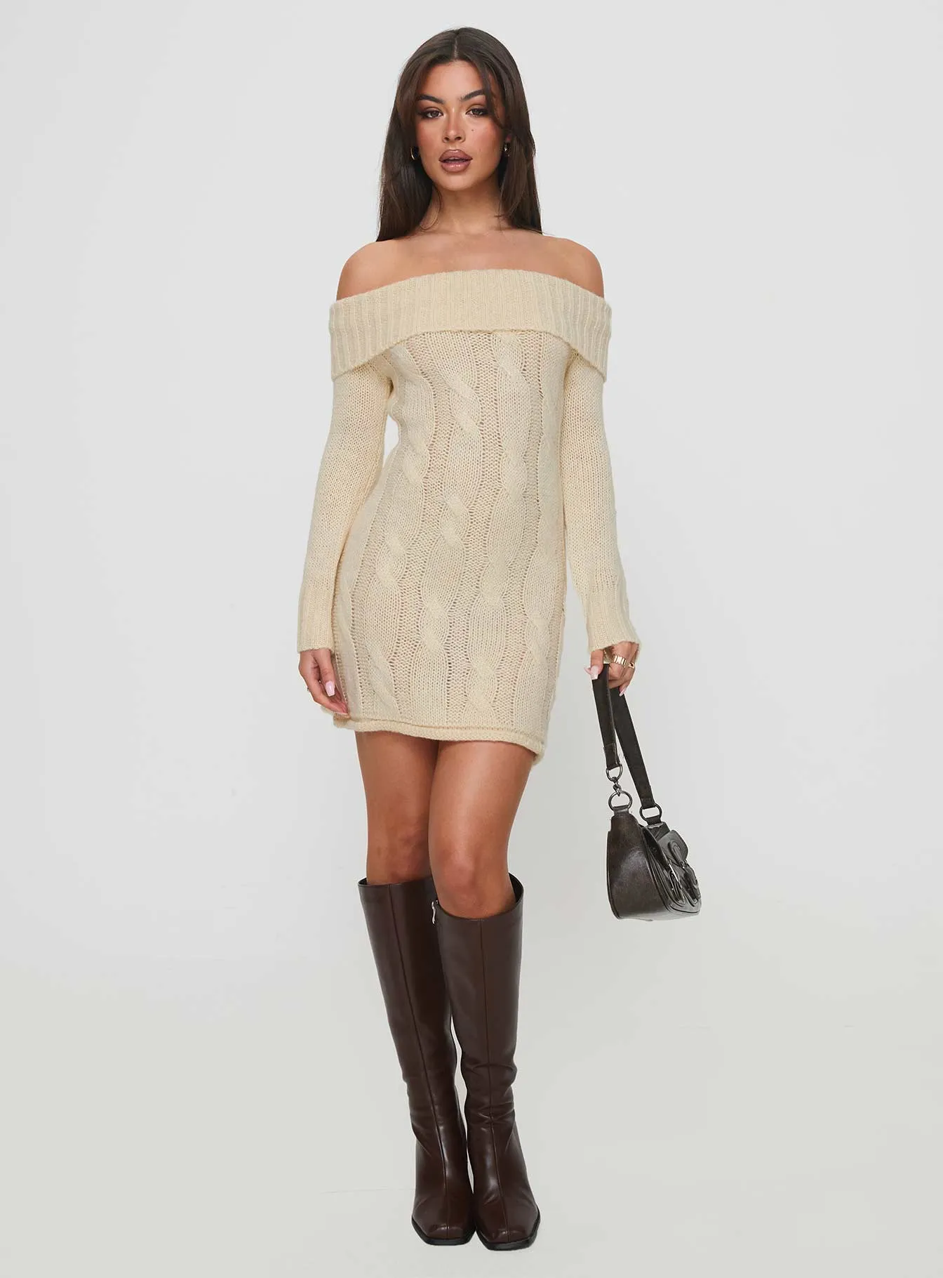 Minimalist Waist Elegant formal piece Snow Angel Off Shoulder Knit Jumper Mini Dress Cream