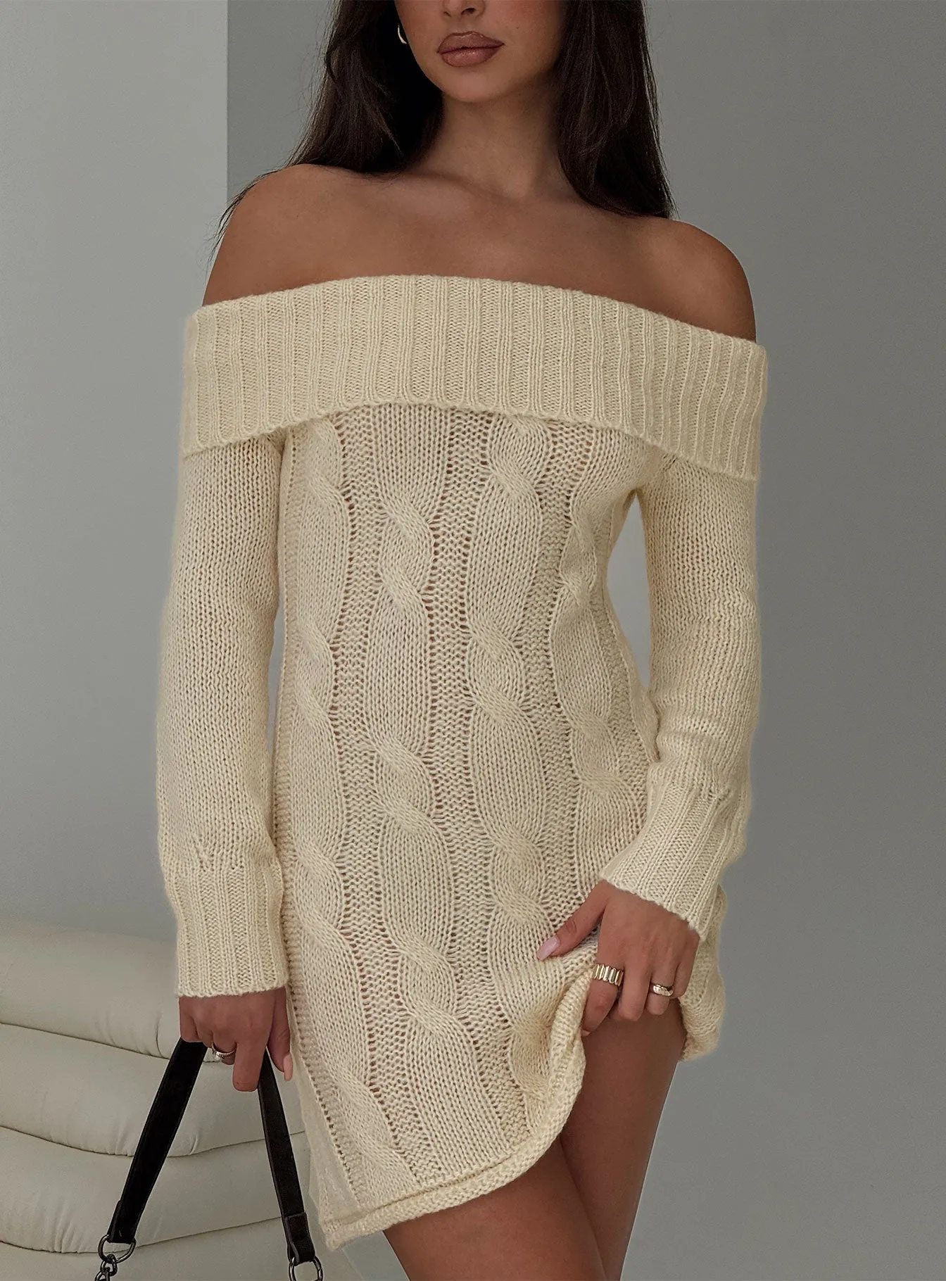 Unlined Look Polished Motion Snow Angel Off Shoulder Knit Jumper Mini Dress Cream