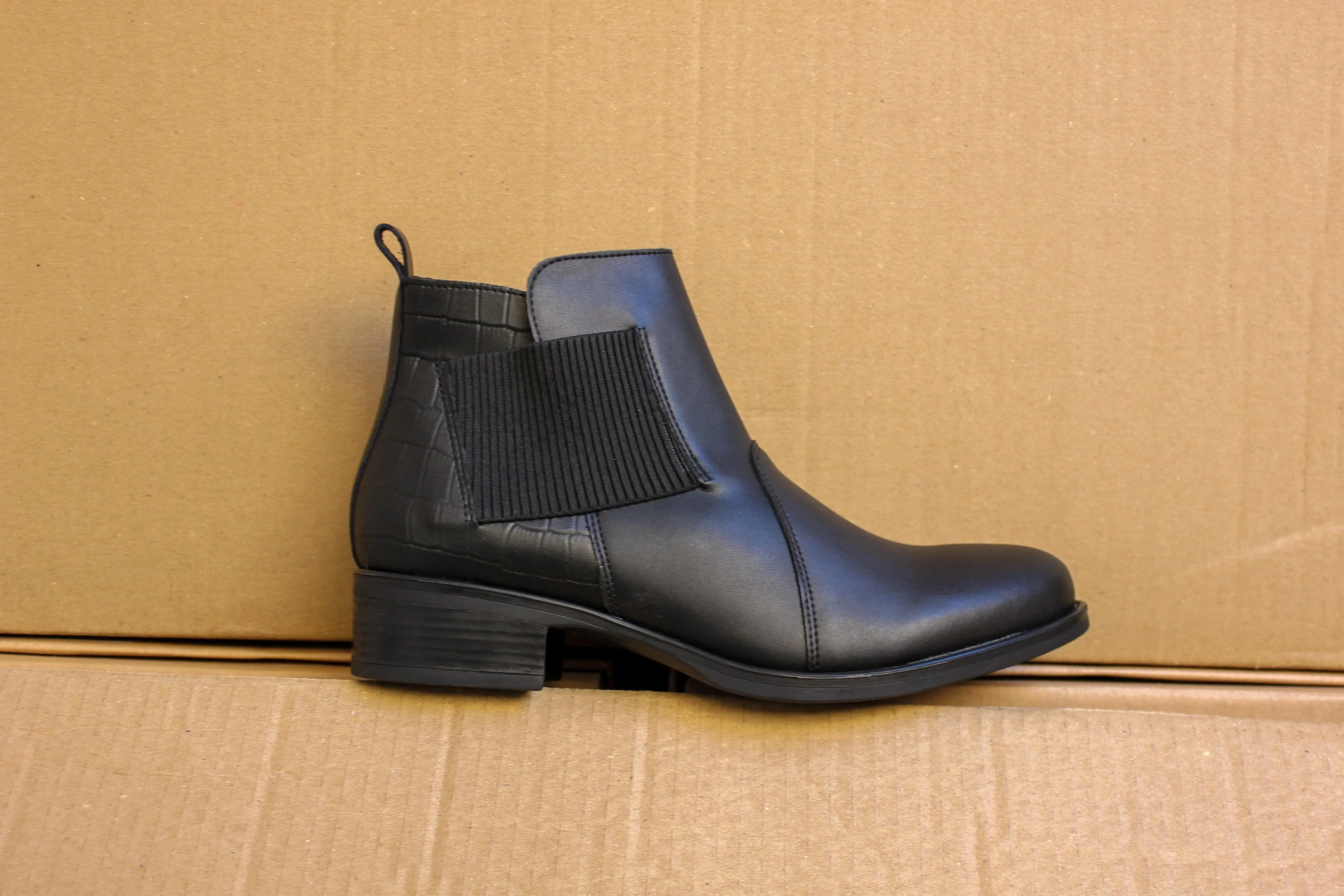 'Sophie' vegan-leather Chelsea bootie by Zette Shoes - black Country Side Padded Interior Weather Resistant User