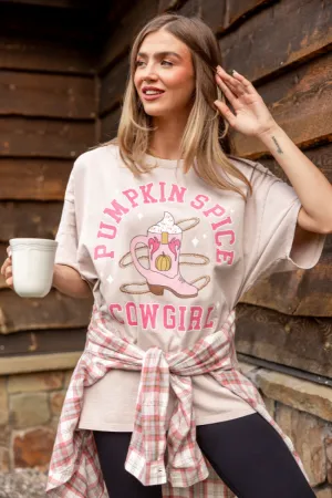 Pumpkin Spice Cowgirl Taupe Oversized Graphic Tee Flexible Comfort Chic Fashion
