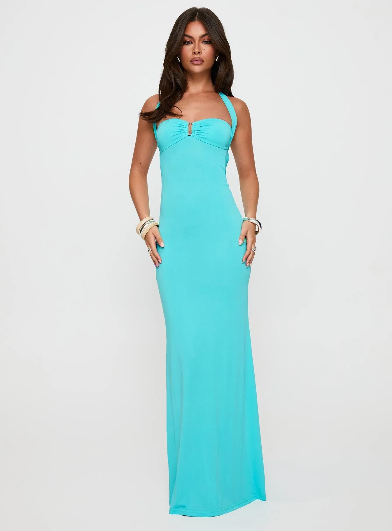 spring fresh Anasofia Halter Maxi Dress Aqua