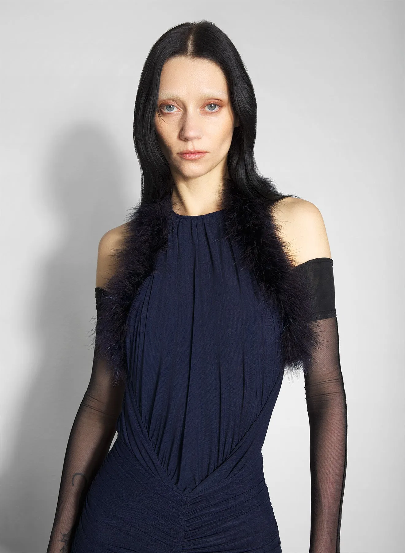 blue marabou ruched dress Artistic Shape