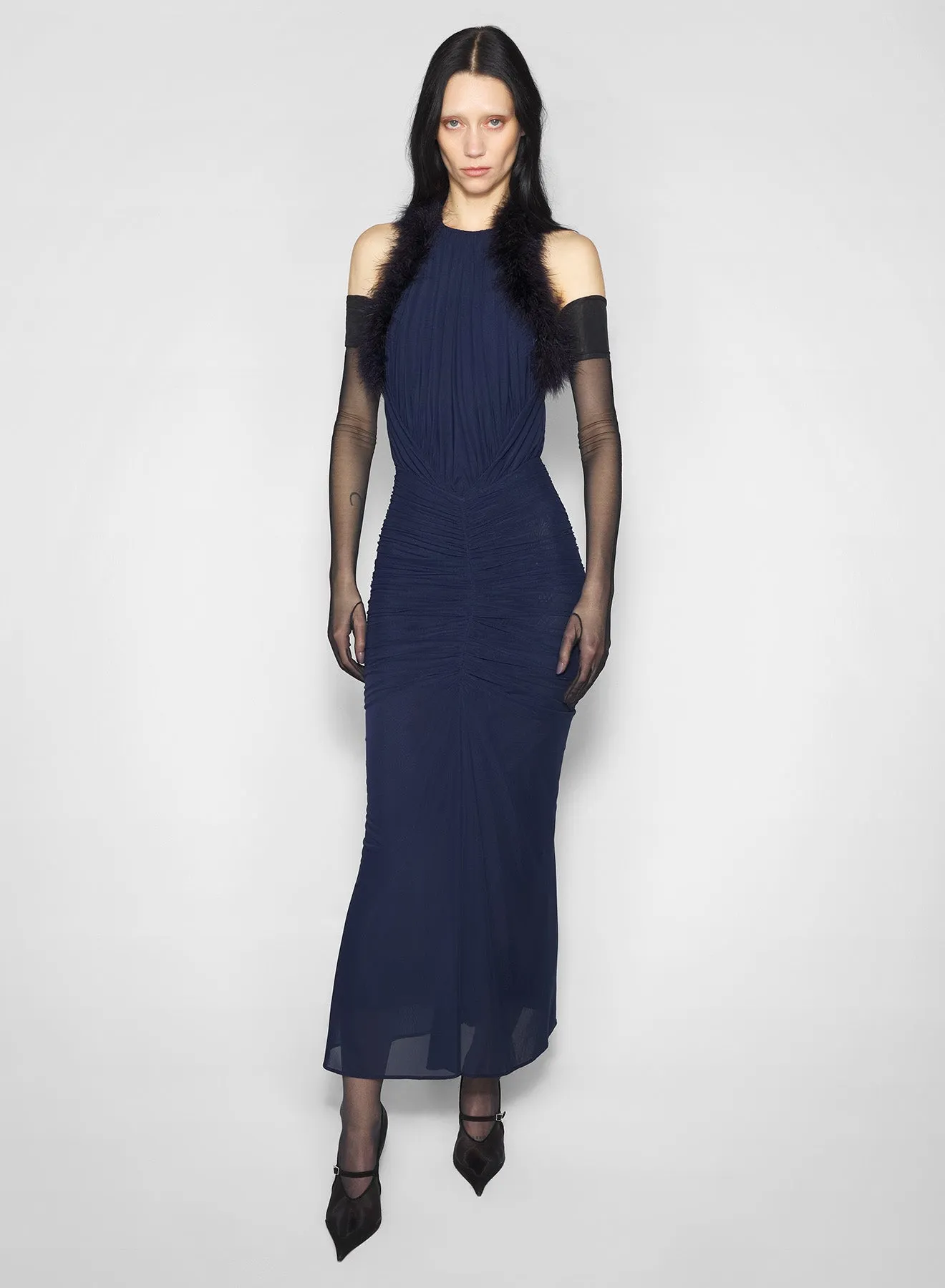 Bridal-Shower Light Fall blue marabou ruched dress