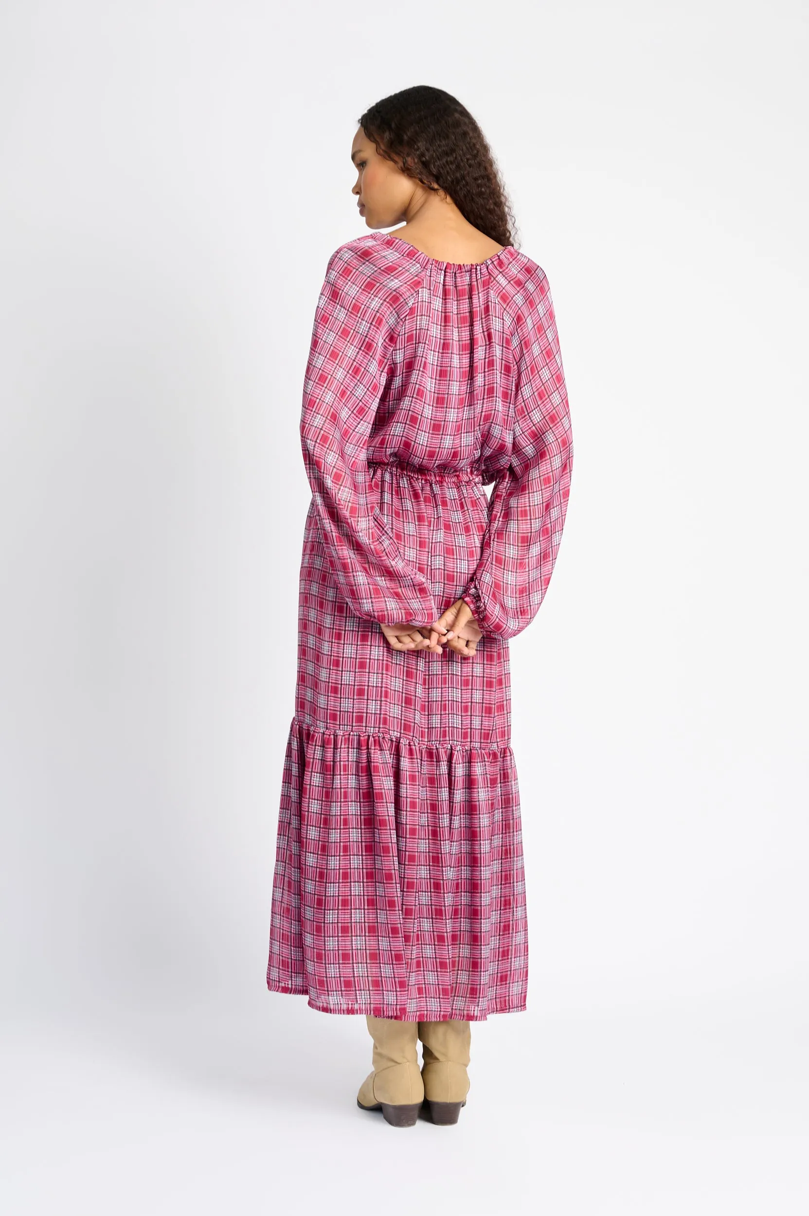 Maxi Peasant Dress in Check Flattering Shape Look Stylish Touch