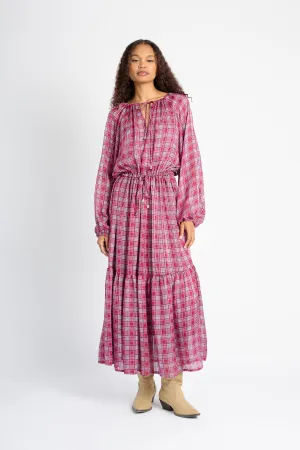 Maxi Peasant Dress in Check Chic Waist Design