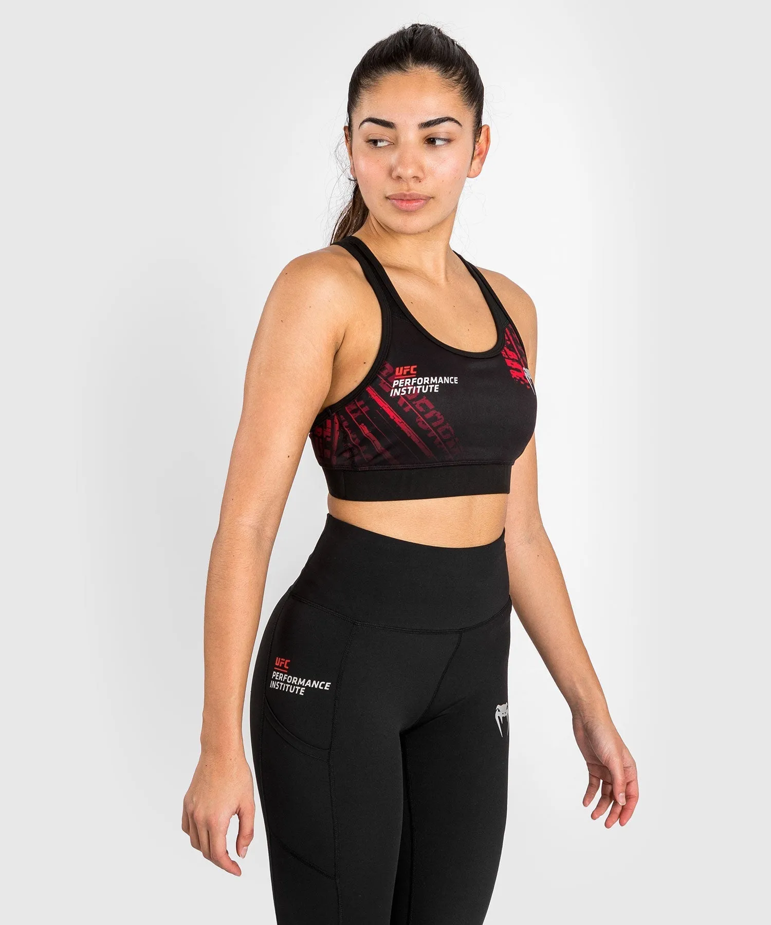 UFC Performance Institute 2.0 Women??s Sport Bra - Black/Red Topstitching seams Wire Free Comfort