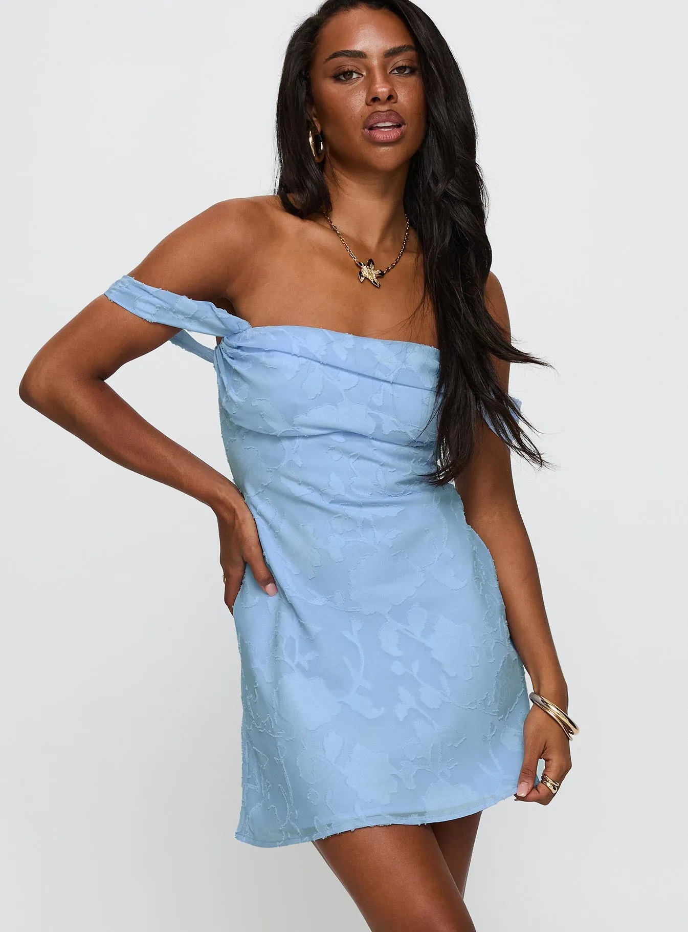 Sculpted Form Zabbarra Off The Shoulder Mini Dress Blue
