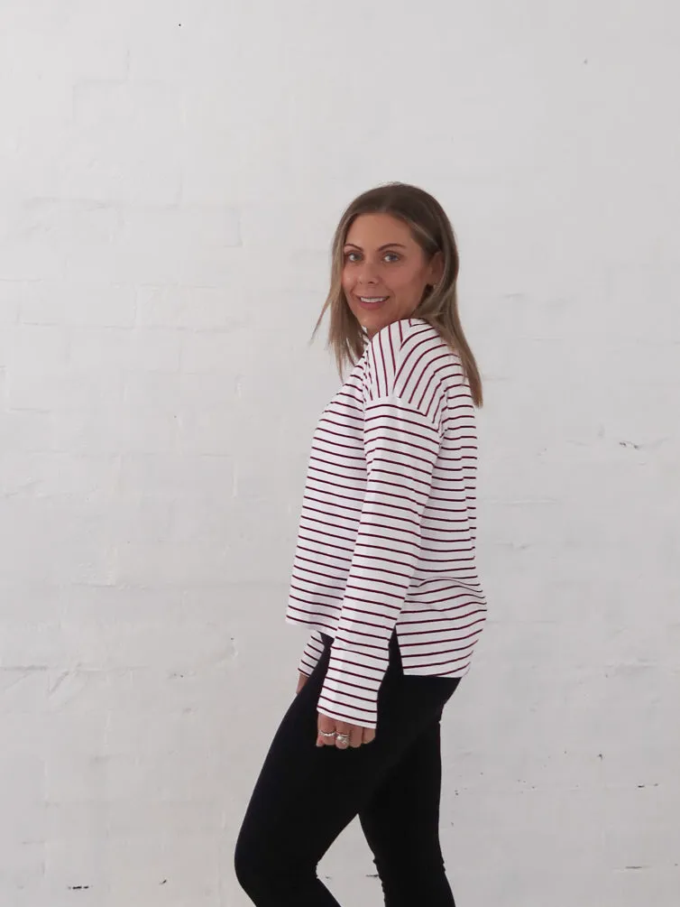 Cozy Design Fit Taylah Long Sleeve Tee- Burgundy and White
