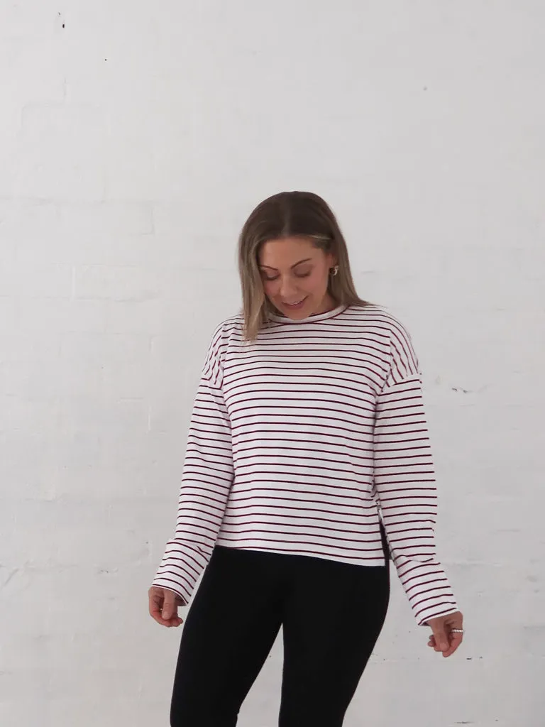Taylah Long Sleeve Tee- Burgundy and White Stylish Look