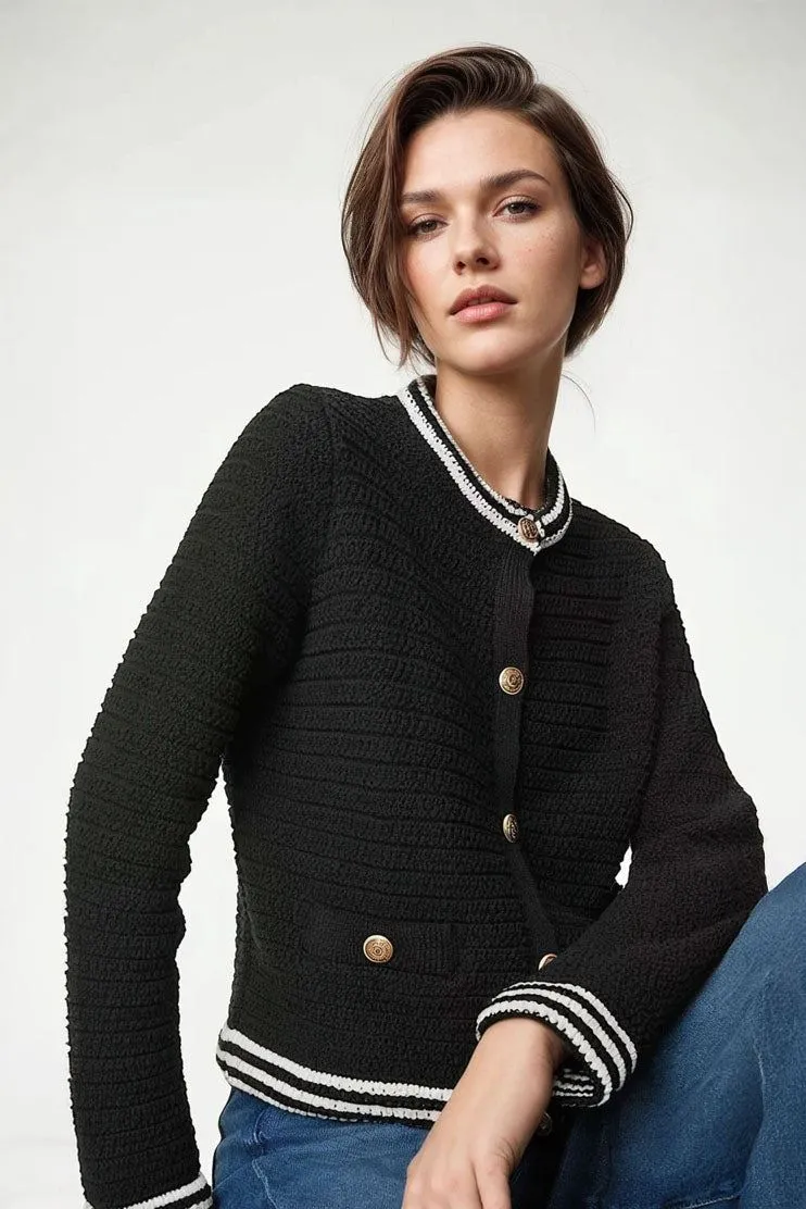 Textured Crew Neck Cardigan Gold Buttons Drop Shoulder Style