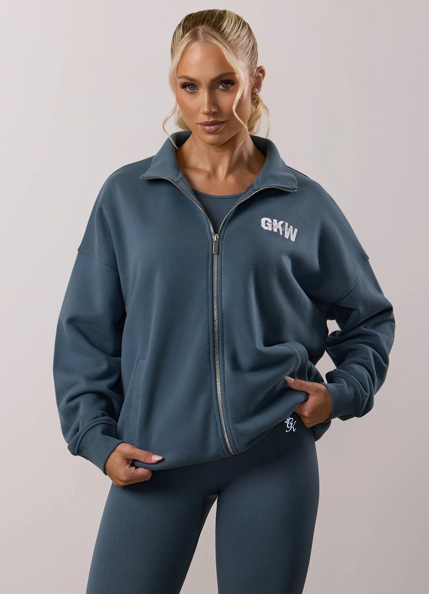 Geometric Print twill Gym King Revive Peached Full Zip Funnel - Storm Blue