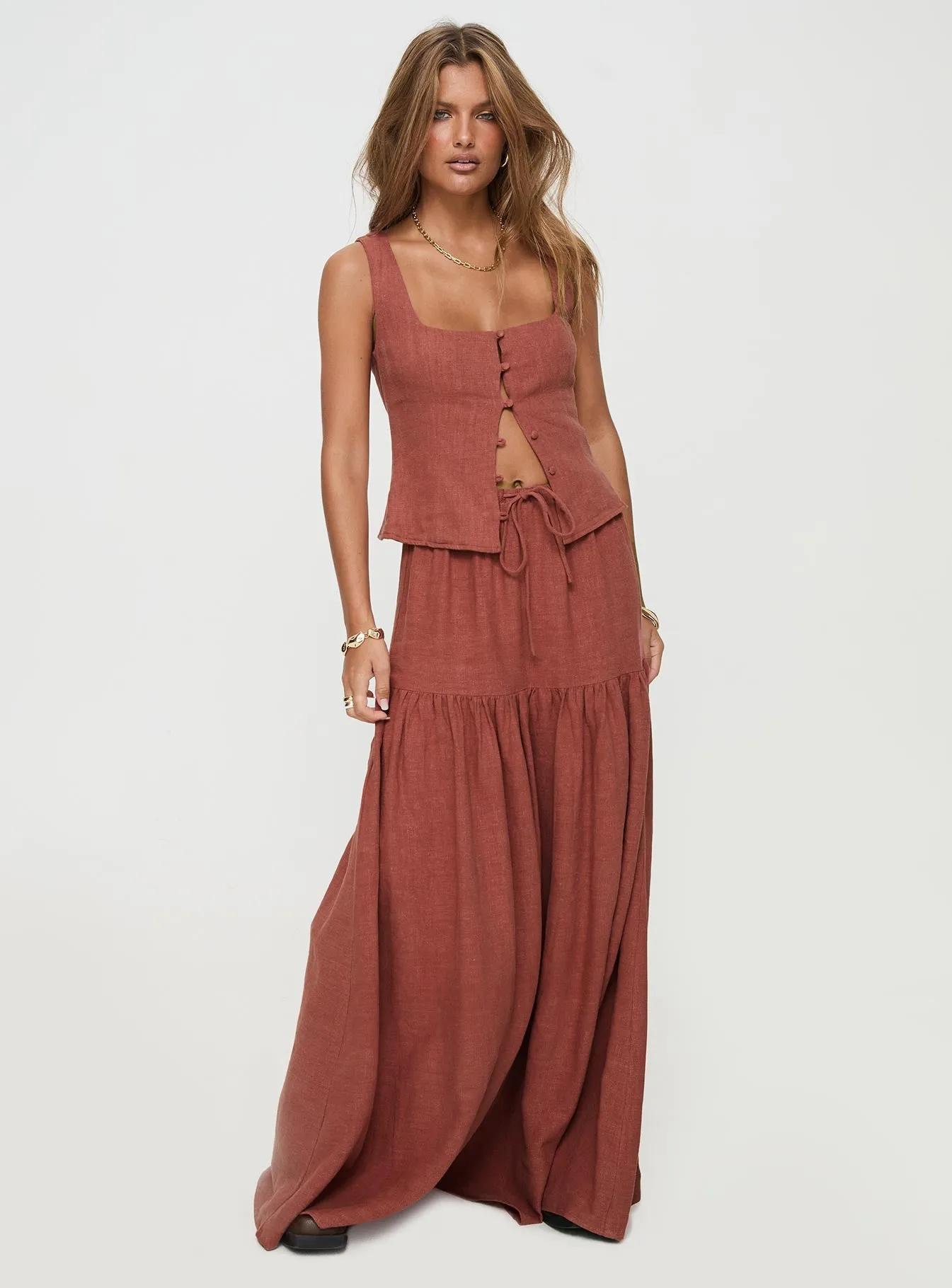 Layered Style Tearose Linen Blend Maxi Skirt Burnt Rust