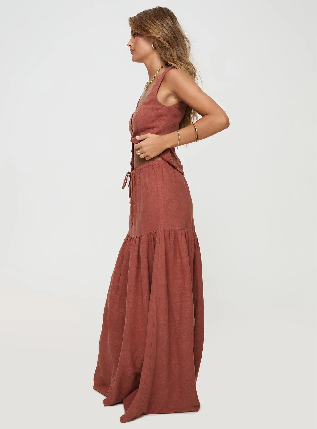 Light Comfort Tearose Linen Blend Maxi Skirt Burnt Rust