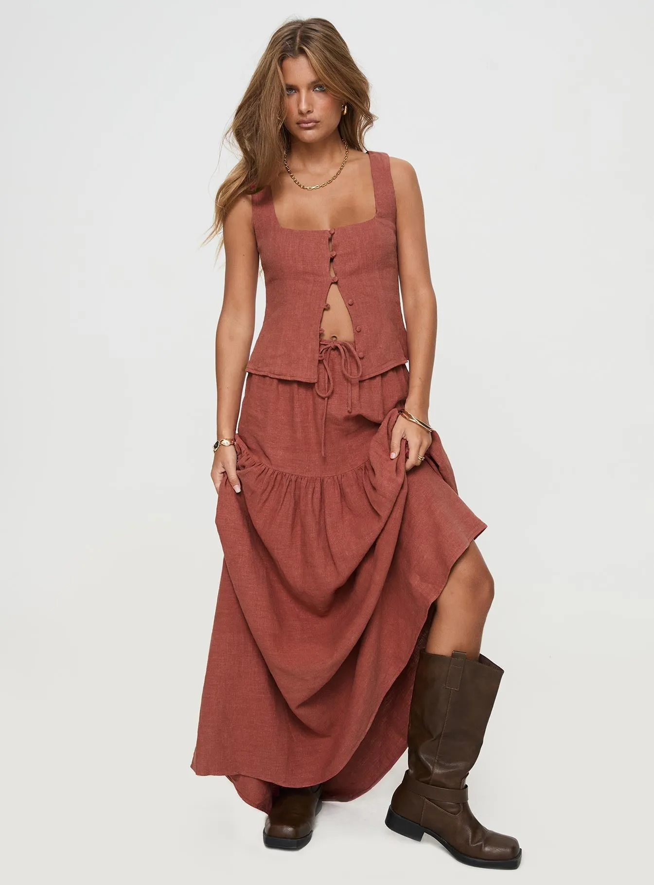 Tearose Linen Blend Maxi Skirt Burnt Rust Fit Choice