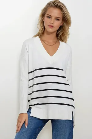 Go-To Fit Compact Knit Structure V-Neck Stripe Longline Jumper