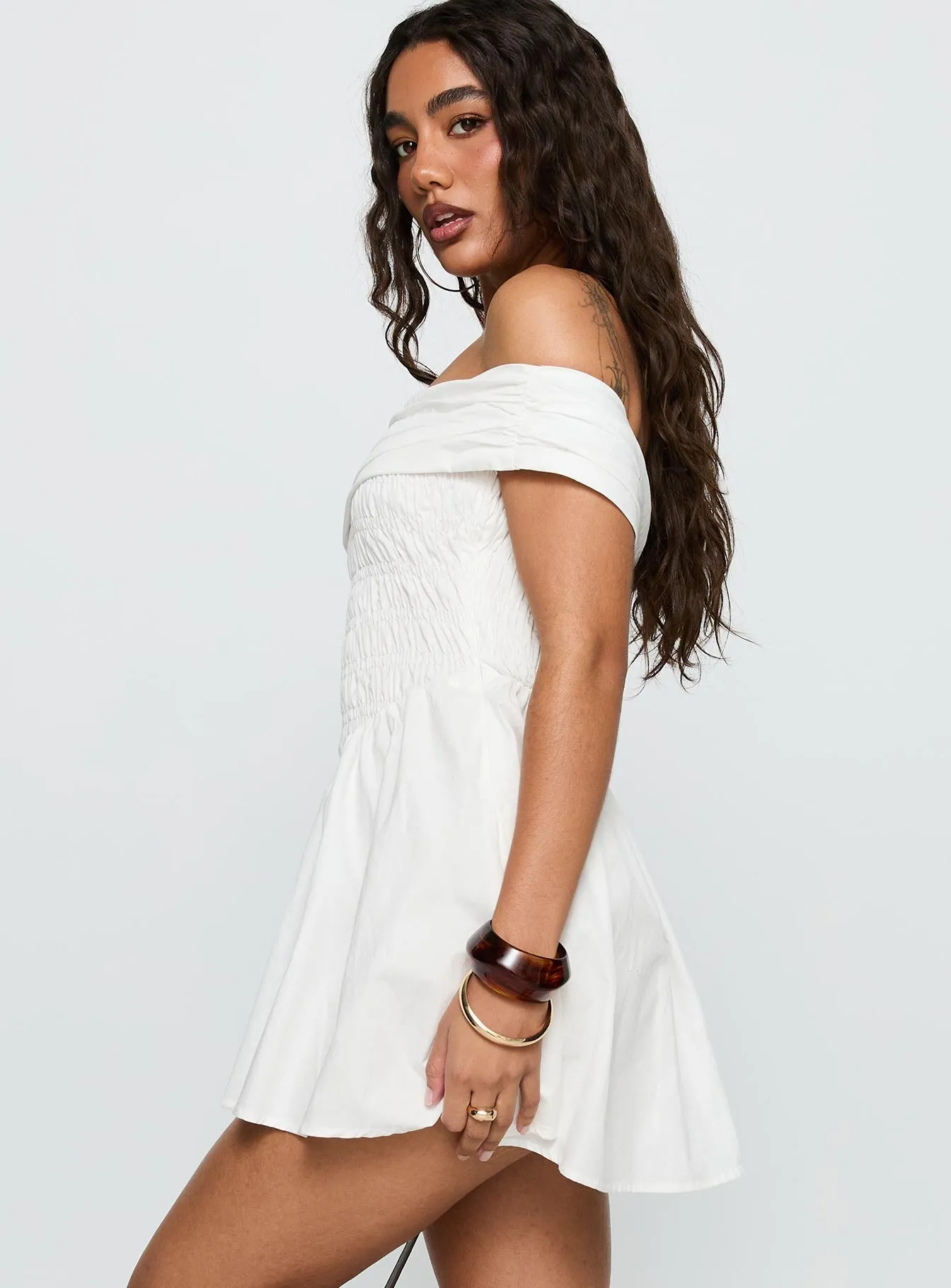 Fruitful Off Shoulder Mini Dress White Flared shape