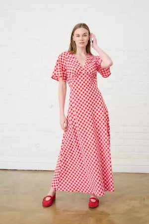 Red Gingham Maxi Dress with Sleeve Layered Fabric