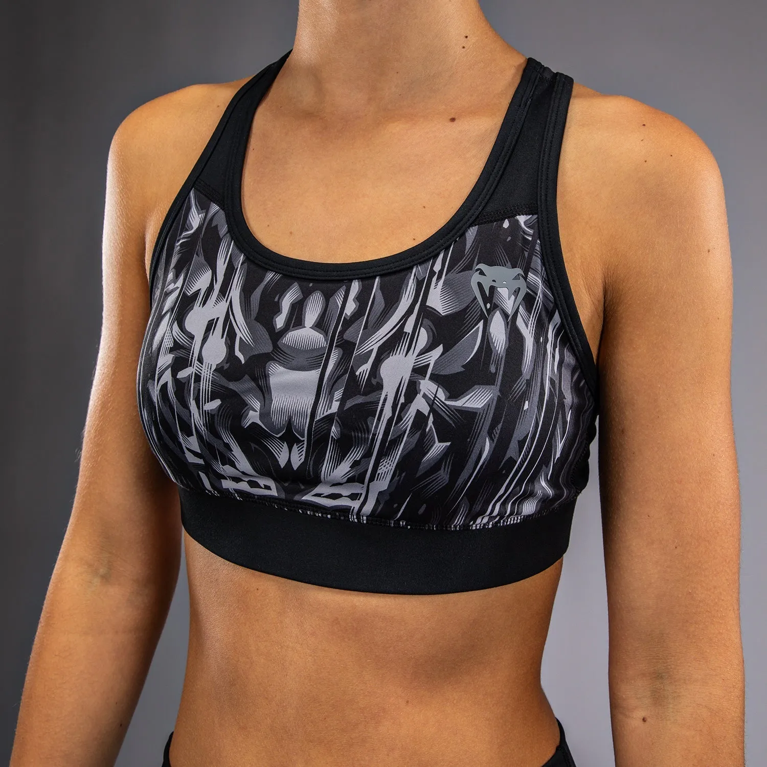 Venum Tiger Women's Sports Bra - Black/Silver Shock Absorption Zones Seam-Free Feel