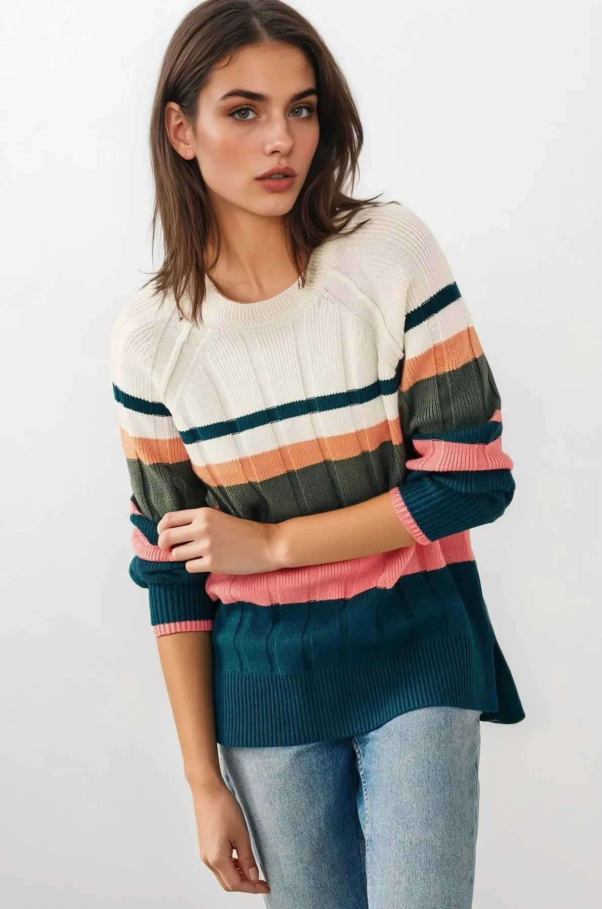 Versatile Casual Look Non Chlorine Bleach Safe Multi Colour Stripe Round Neck Jumper