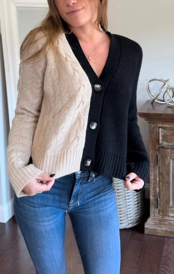 Textured Fabric Machine washable Ivy Patchwork Cable V Cardigan