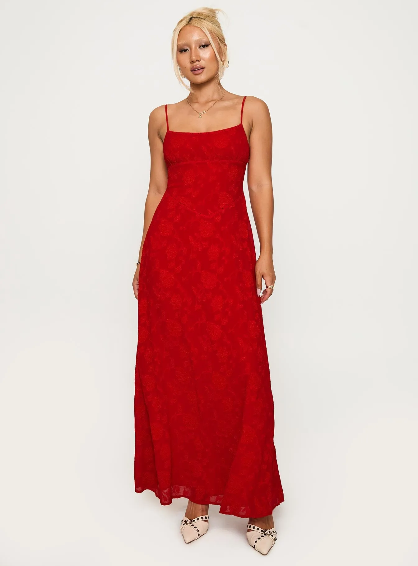 South Of France Maxi Dress Red High-Low-Hem Sculpted Fit