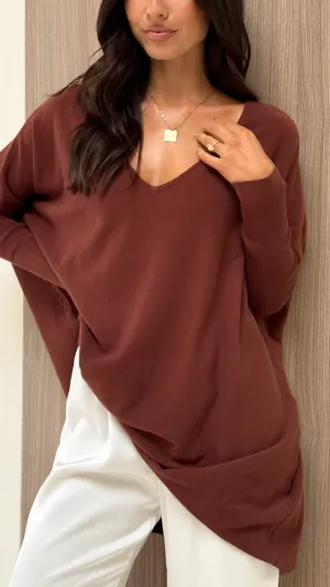 Temperature Regulating Knit Flexible Rib Trimming Amalia Knit Top - Chocolate