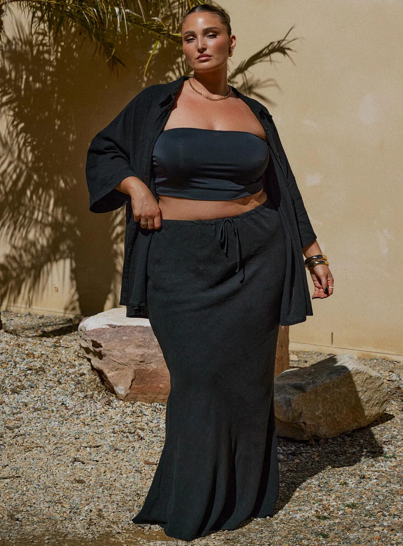 Comfort Mood Smooth Look Mercer Linen Blend Maxi Skirt Black Curve