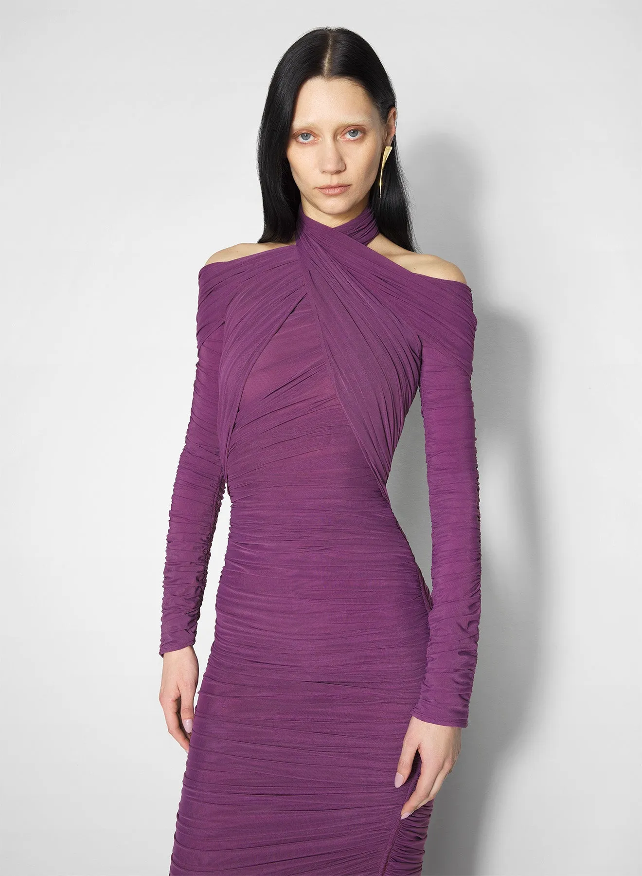 Warranty-Included Semi Fit purple draped halter dress