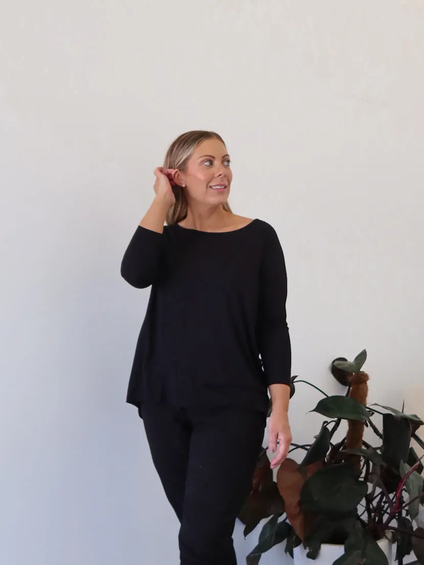 Milan 3/4 Sleeve Top - Black Ultimate Comfort Comfort Waist