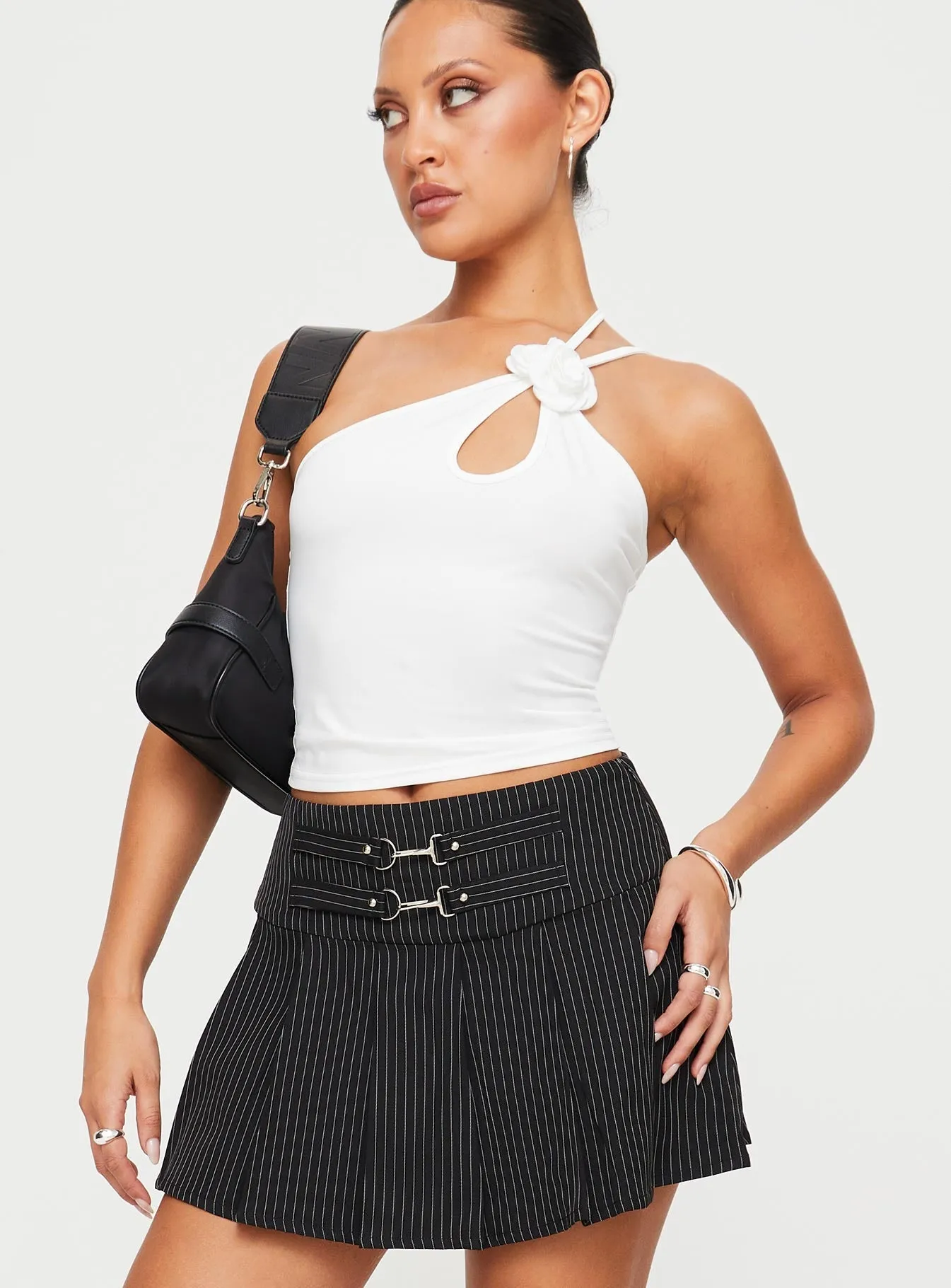 Vyola Mini Skirt Black Pinstripe Double Layer Construction