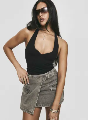 Bambas Wrap Denim Mini Skirt Washed Green Double Layer