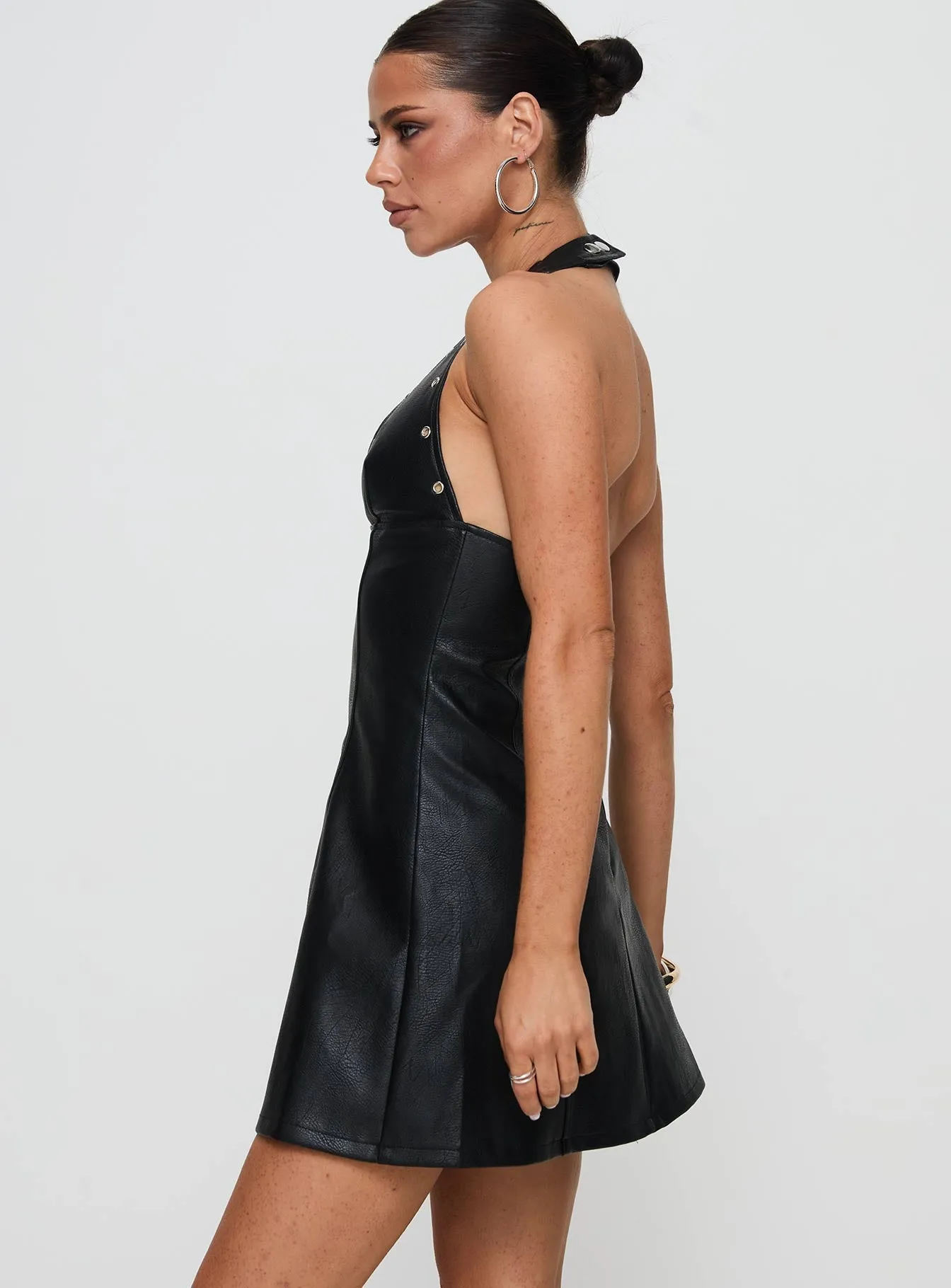 Sheer Element Breathable Style Hit Different Faux Leather Mini Dress Black