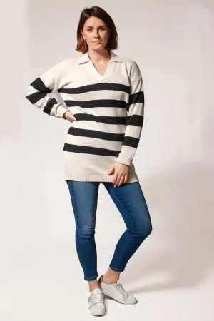 Soft Texture Longline Striped Collar Jumper