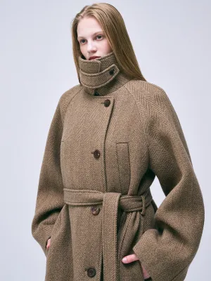 WOOL COAT RAGLAN HERRINGBONE_BROWN Flatlock Seam Construction Versatile Layering Weight