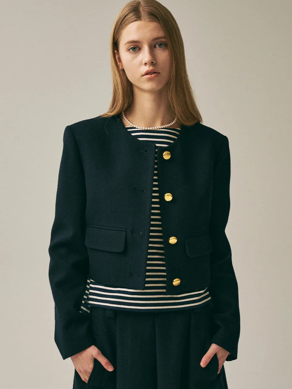 Softshell Fabric WOOL CROPPED JACKET ROUND NECK_NAVY