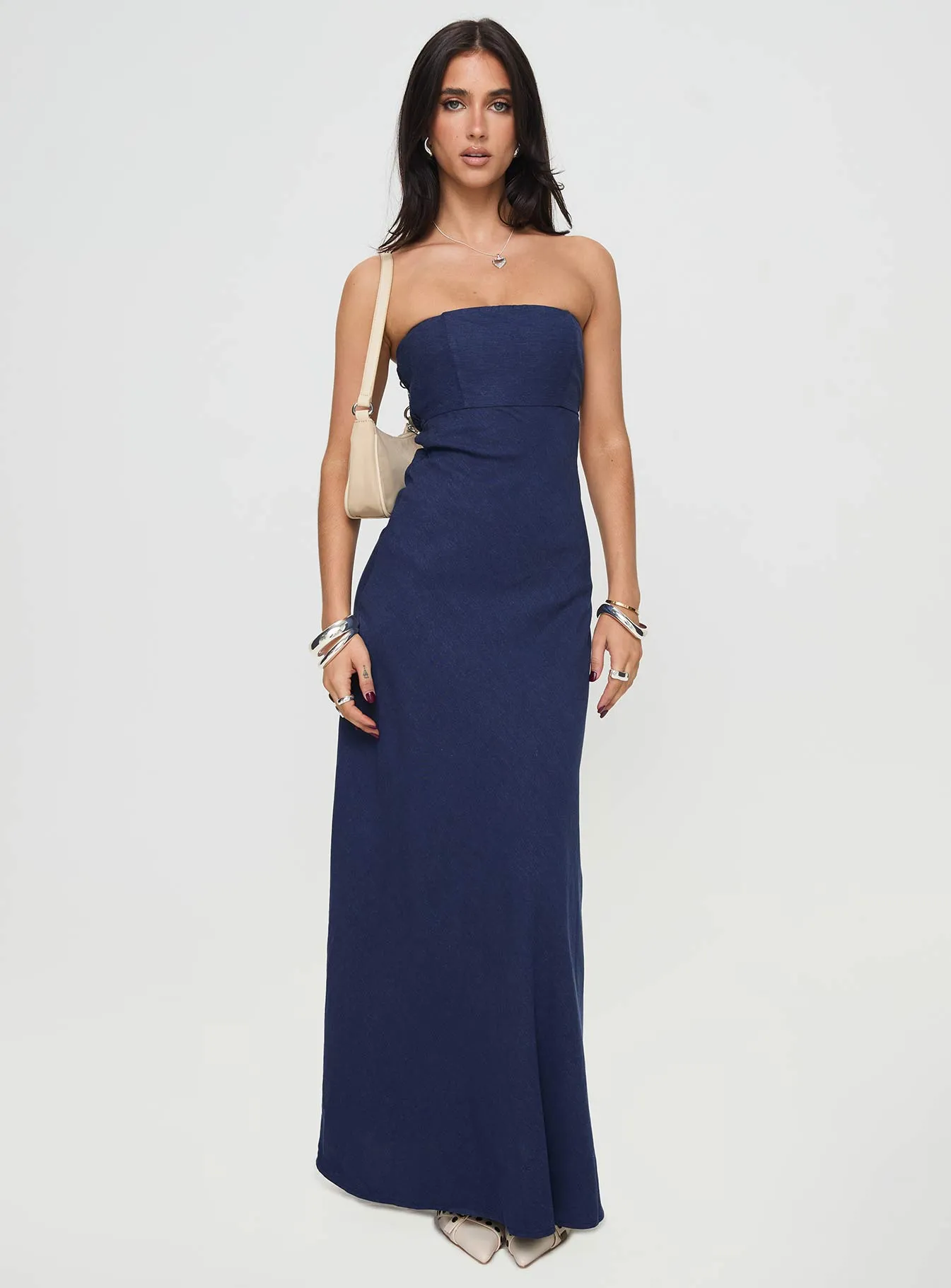 Yahir Strapless Maxi Dress Navy Petite Rhinestone-Detail