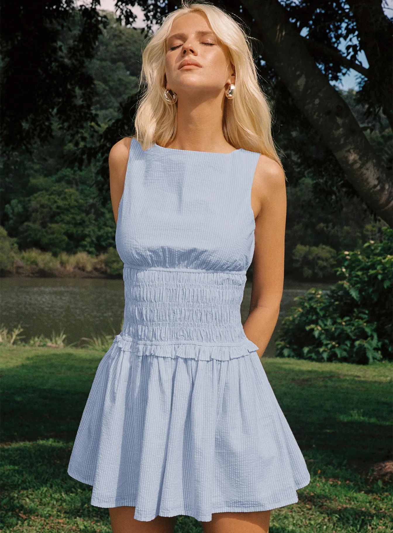 Classic Fit Yennifer Shirred Mini Dress Blue / White Tall