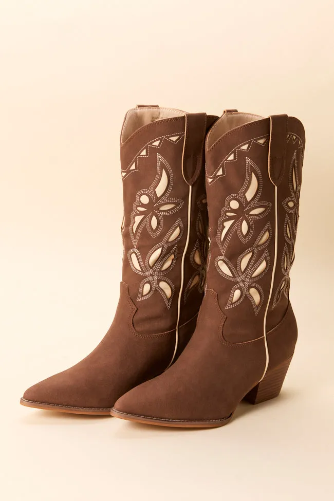 Zinnia Brown Cutout Cowboy Boots Muddy Path All Weather Mountain Climber