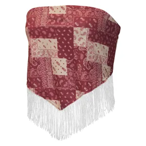 High Neckline ZooZatz Women's Stacked FSU Paisley Design Fringe Tie-Back Top - Garnet/Gold